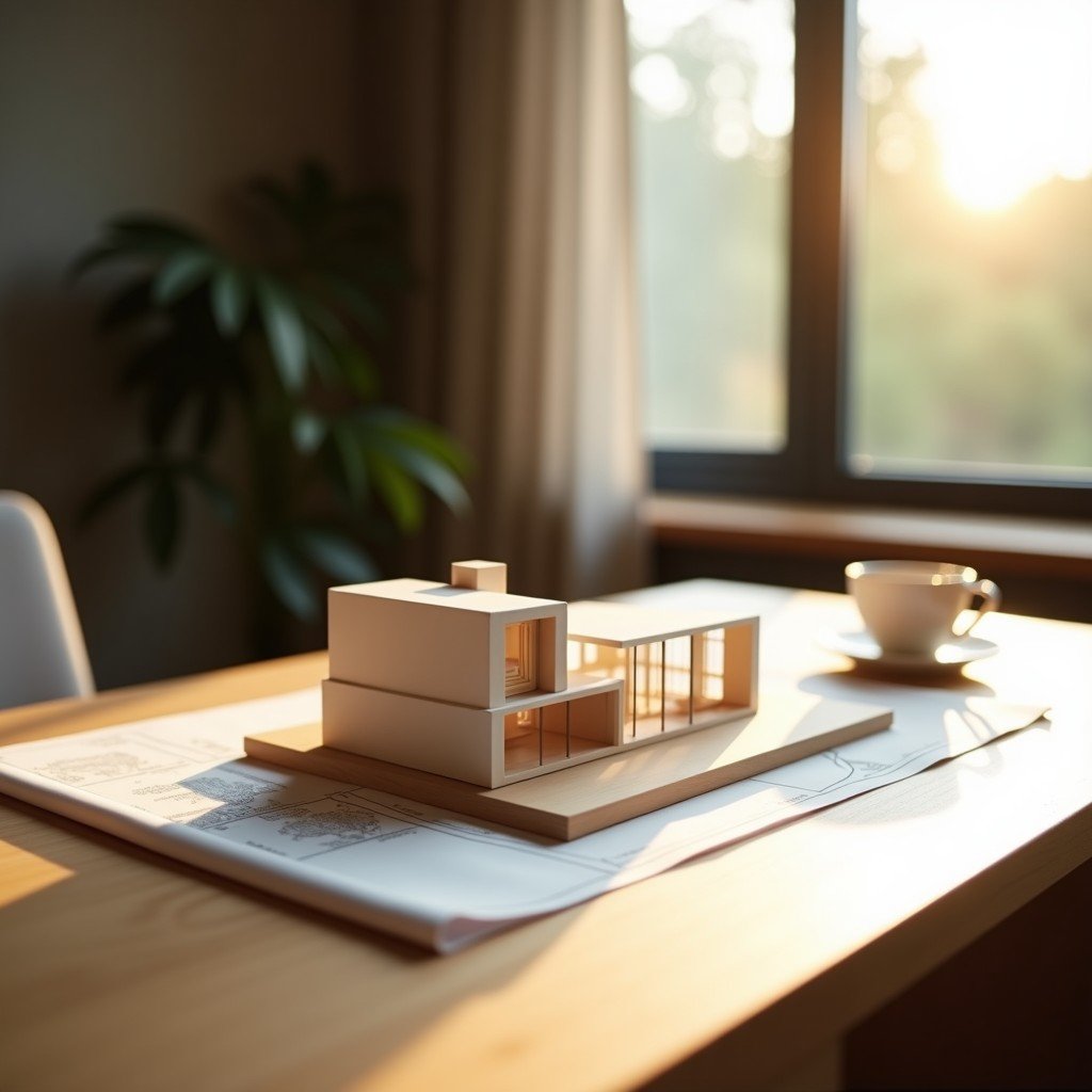 Real estate project positioning: an architectural model on a minimalist oak desk, soft morning light through a large window,