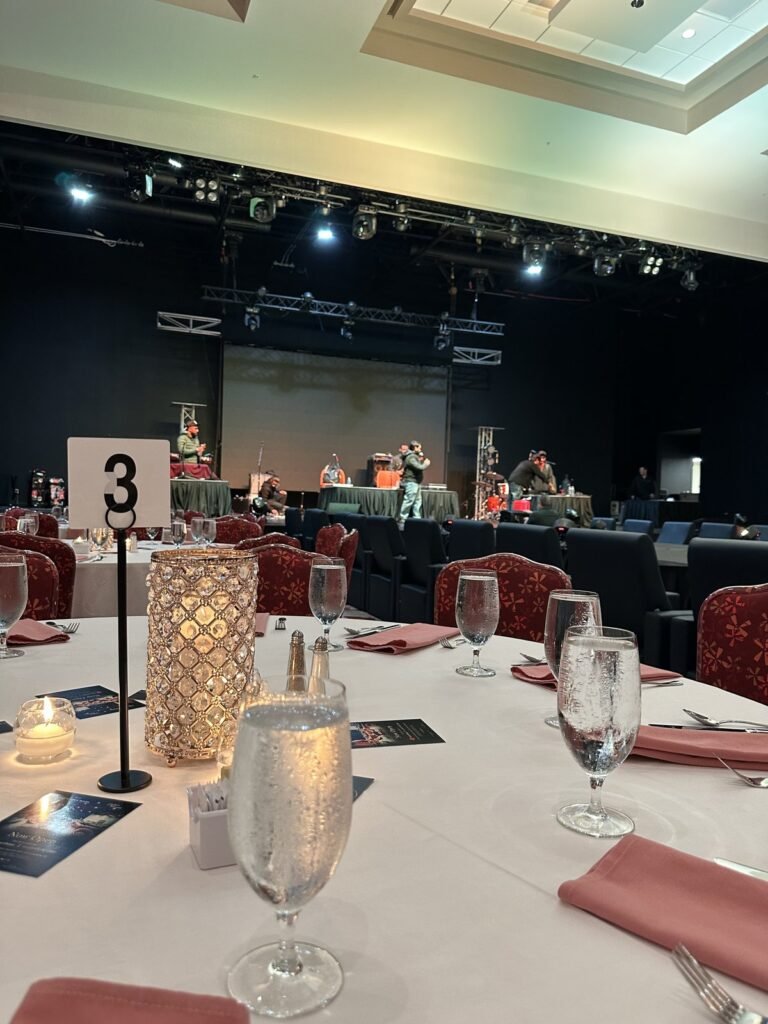 Concert stage set with banquet seating