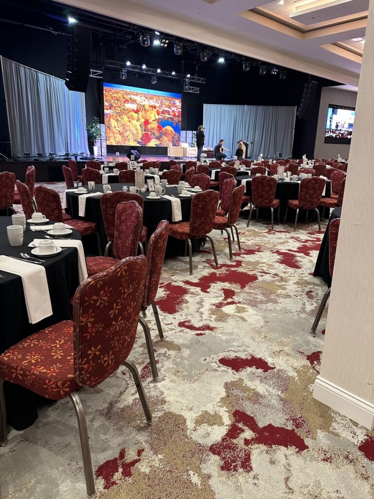 Conference ballroom set for a business event