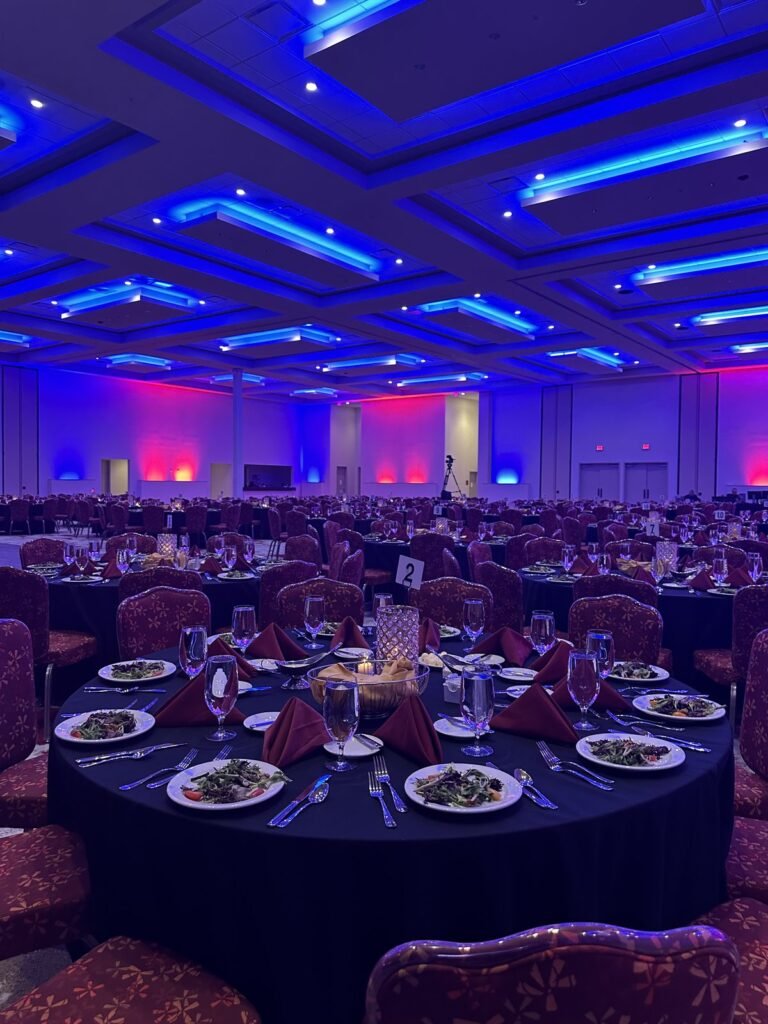 Gala ballroom set in blue lighting