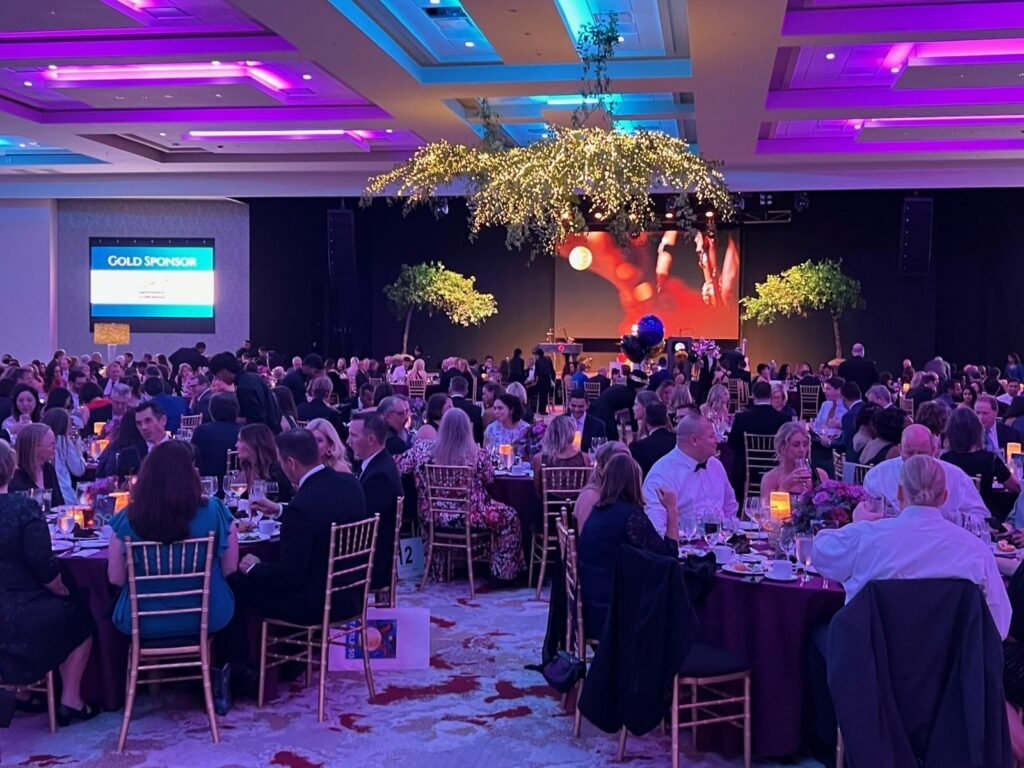 Corporate gala dinner in a ballroom