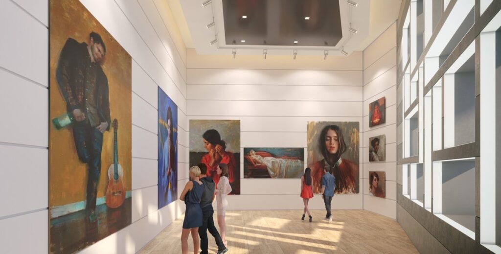 Art gallery interior with paintings on display